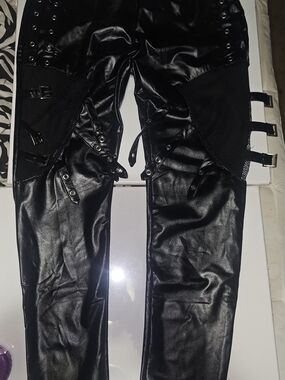 Women's Black Faux Leather Buckle & Mesh Pants-NWOT